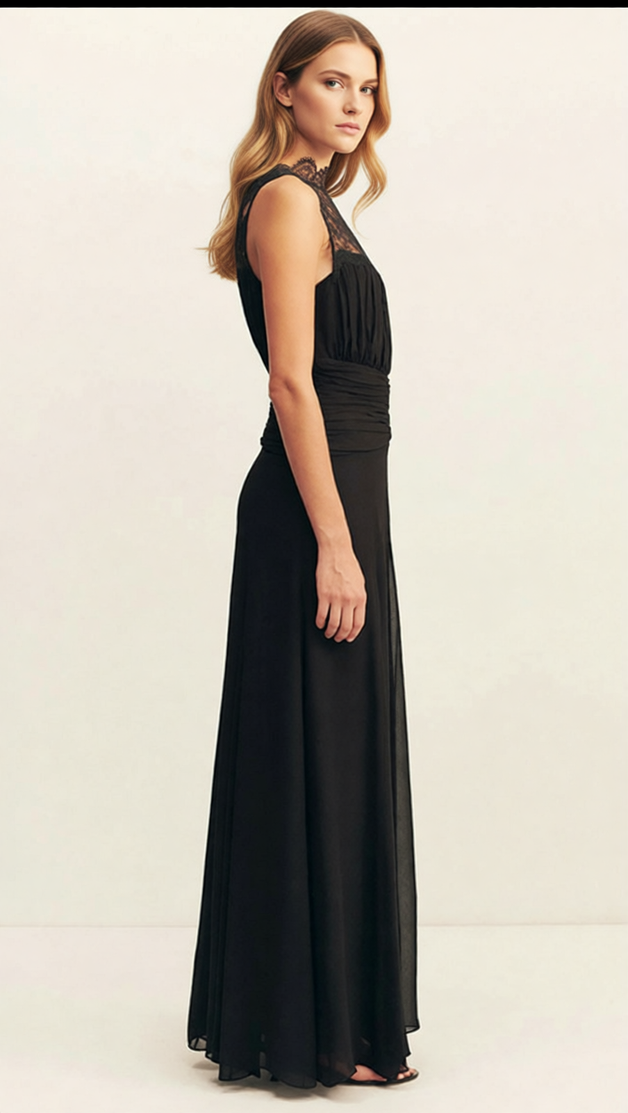 IONA ELEGANT BLACK LACE RUCHED SLEEVELESS MAXI GOWN