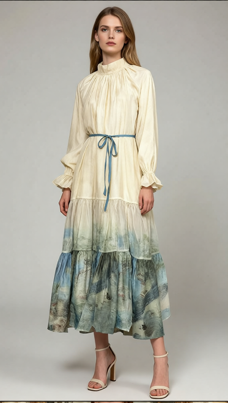 Illeana Meadow Print Long Sleeve Midi Dress - Artistic Elegance