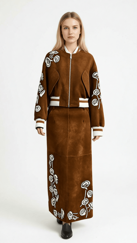 HUDA CHIC BROWN EMBROIDERED FAUX SUEDE BOMBER JACKET & MIDI SKIRT SET