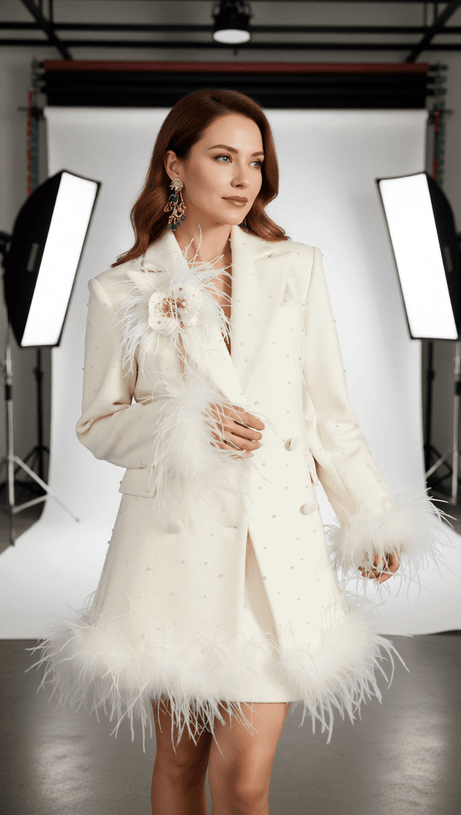 HIBA WHITE FEATHER & PEARL STATEMENT BLAZER DRESS