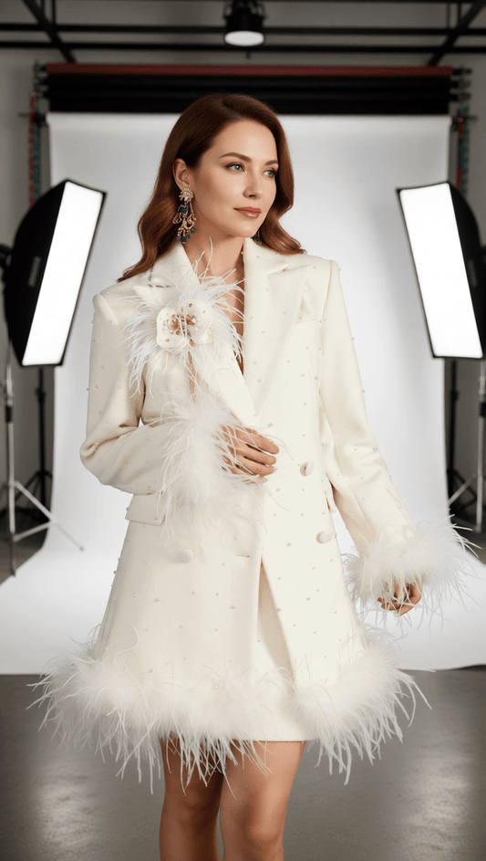 AIIZIE HIBA WHITE FEATHER & PEARL STATEMENT BLAZER DRESS - product image