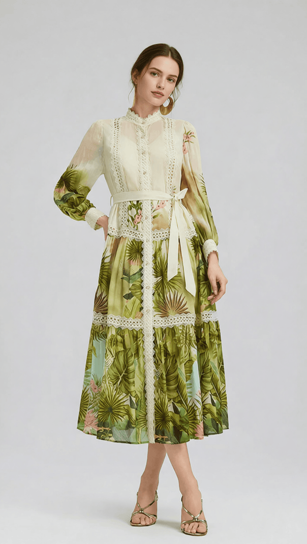 AIIZIE ELEGANT TROPICAL HIBISCUS PRINT TIERED MIDI DRESS WITH LACE & TIE-WAIST - product image