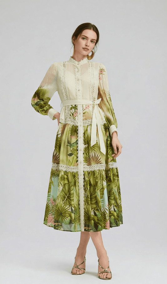 AIIZIE ELEGANT TROPICAL HIBISCUS PRINT TIERED MIDI DRESS WITH LACE & TIE-WAIST - product image