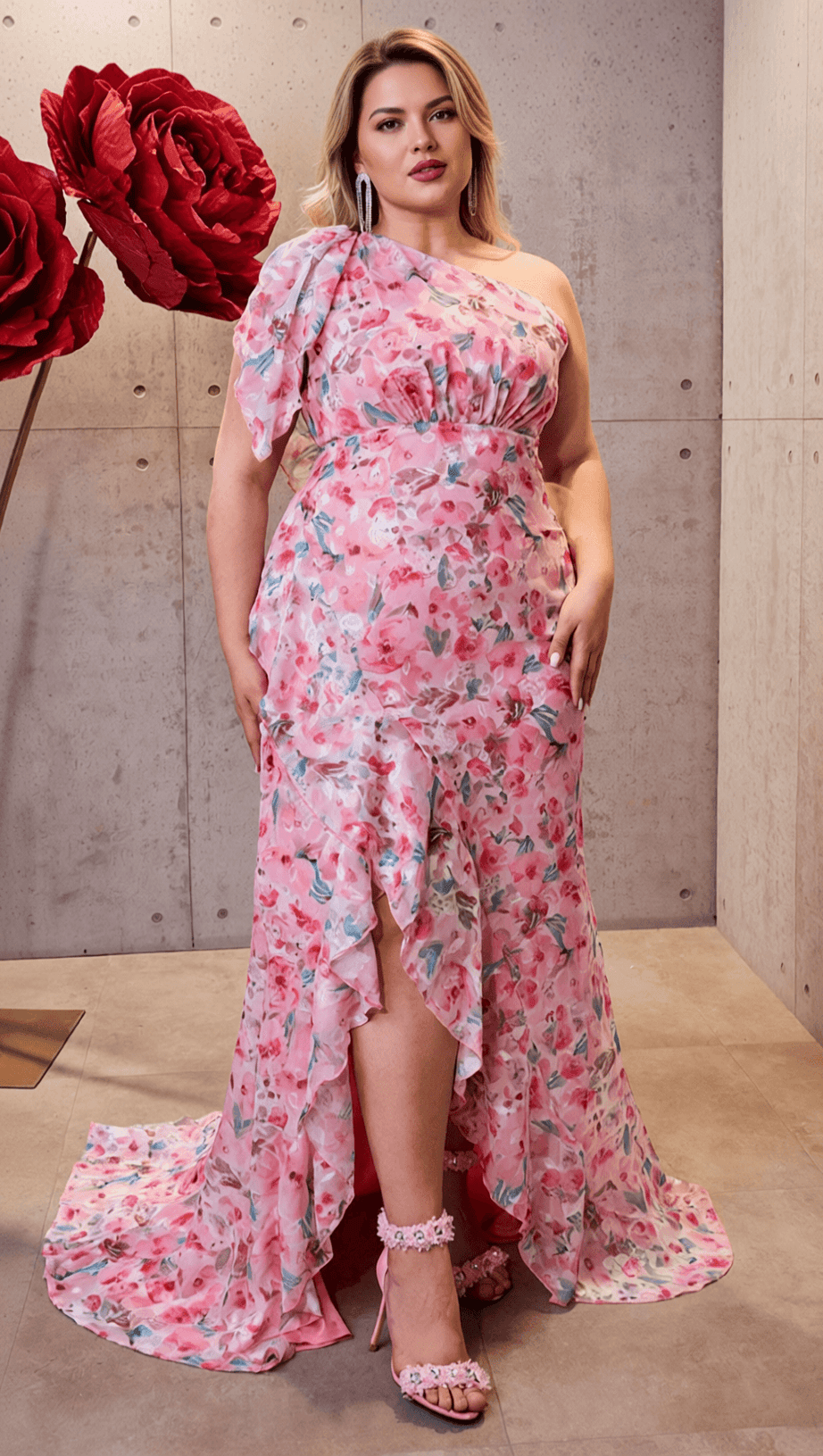 HEIZLE PINK FLORAL ONE-SHOULDER PLUS SIZE MAXI DRESS WITH RUFFLE HEM - EFFORTLESS ELEGANCE FOR SPECIAL OCCASIONS