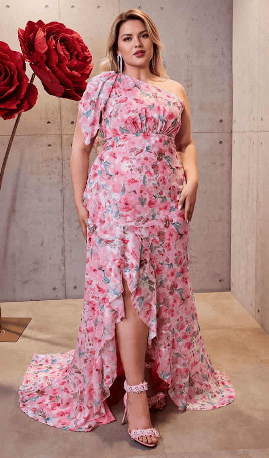AIIZIE HEIZLE PINK FLORAL ONE-SHOULDER PLUS SIZE MAXI DRESS WITH RUFFLE HEM - EFFORTLESS ELEGANCE FOR SPECIAL OCCASIONS - product image
