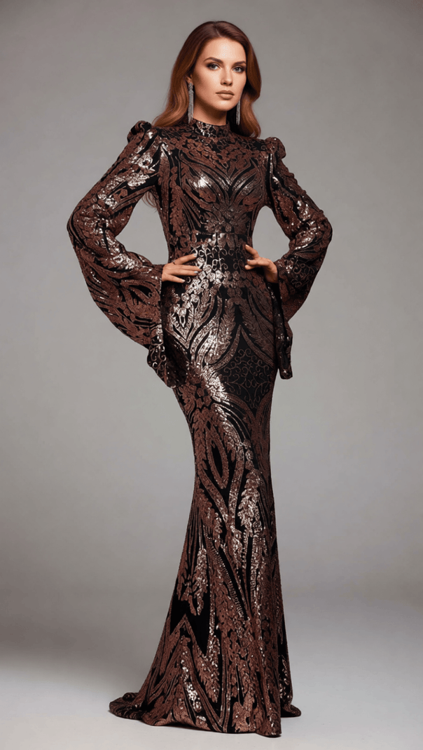 AIIZIE Iben Dazzling Sequin Maxi Dress | Long Sleeve Black & Rose Gold Evening Gown - product image