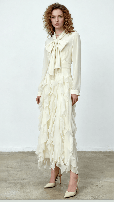 Isaak Ethereal Ruffle Maxi Gown - Elegant Chiffon Dress with Statement Bow Neck