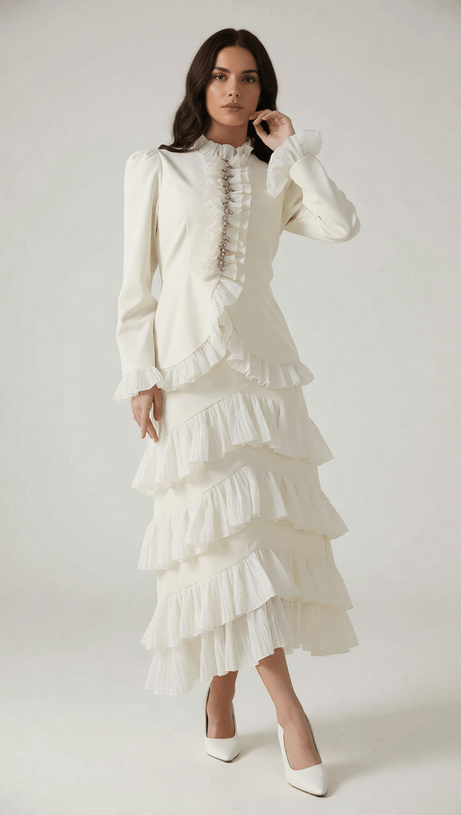 Ignace Elegant Ruffle Two-Piece Set - Long Sleeve Top & Tiered Maxi Skirt