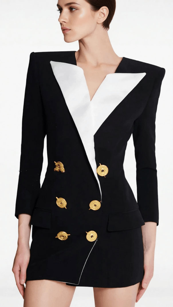 AIIZIE HEULWEN BLACK DOUBLE-BREASTED TUXEDO BLAZER DRESS WITH CONTRAST LAPELS - product image