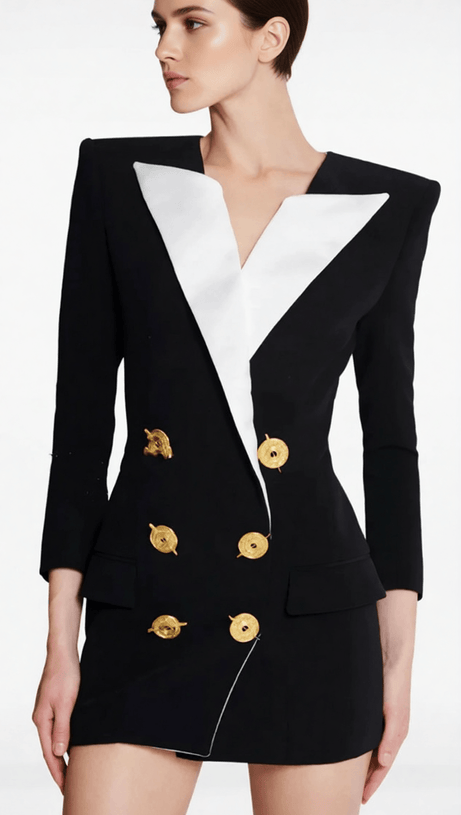HEULWEN BLACK DOUBLE-BREASTED TUXEDO BLAZER DRESS WITH CONTRAST LAPELS