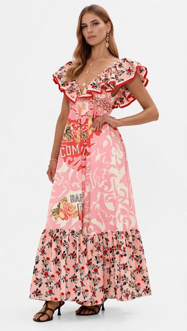 AIIZIE IRINA CHIC PINK FLORAL V-NECK MAXI DRESS - BOHEMIAN TIERED PRINT - product image
