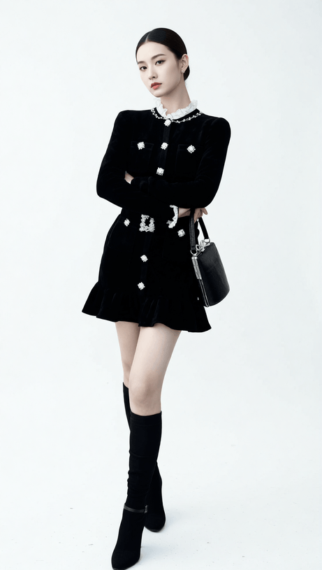 HIRAANI BLACK VELVET GLAM MINI DRESS | LUXE RUFFLE LACE & CRYSTAL EMBELLISHMENTS