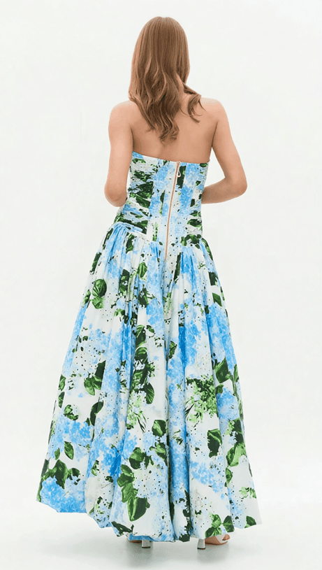 HESTIA STRAPLESS BLUE FLORAL MAXI DRESS - ELEGANT GARDEN PRINT