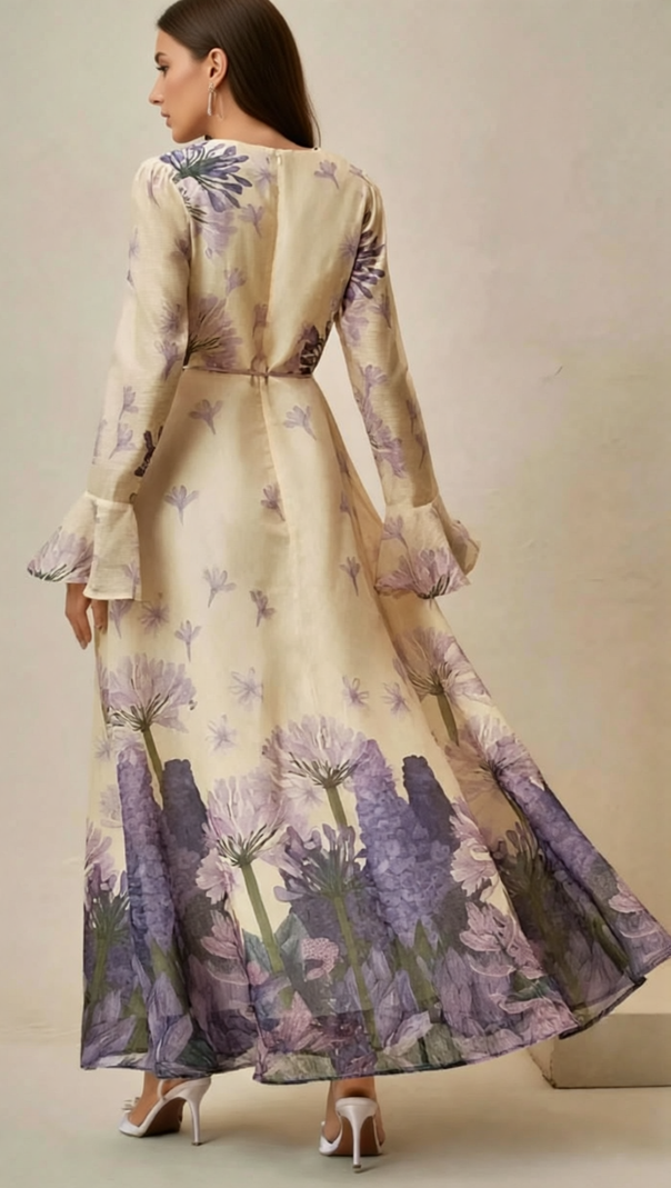 AIIZIE Isadore Elegant Floral Maxi Dress - Long Sleeve Chiffon Gown with Flower Belt - product image