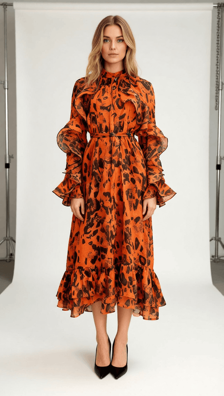 Chic Orange Leopard Ruffle Midi Dress | Long Sleeve Statement Style
