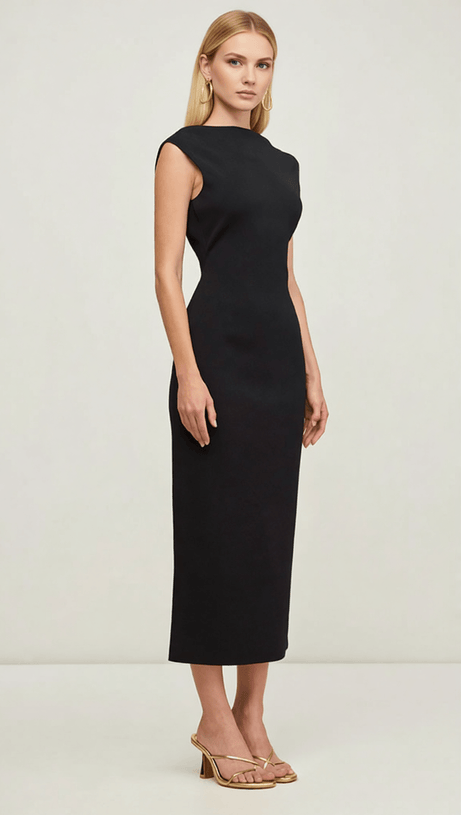 IDA BLACK BACKLESS MIDI DRESS WITH GOLD EMBELLISHMENTS - ELEGANT EVENING & COCKTAIL WEAR