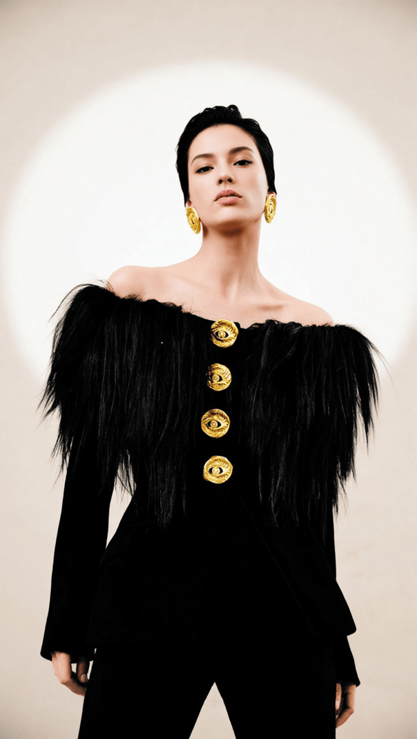 AIIZIE HYUNH BLACK OFF-SHOULDER FAUX FUR BLAZER | GOLDEN EYE BUTTONS - product image