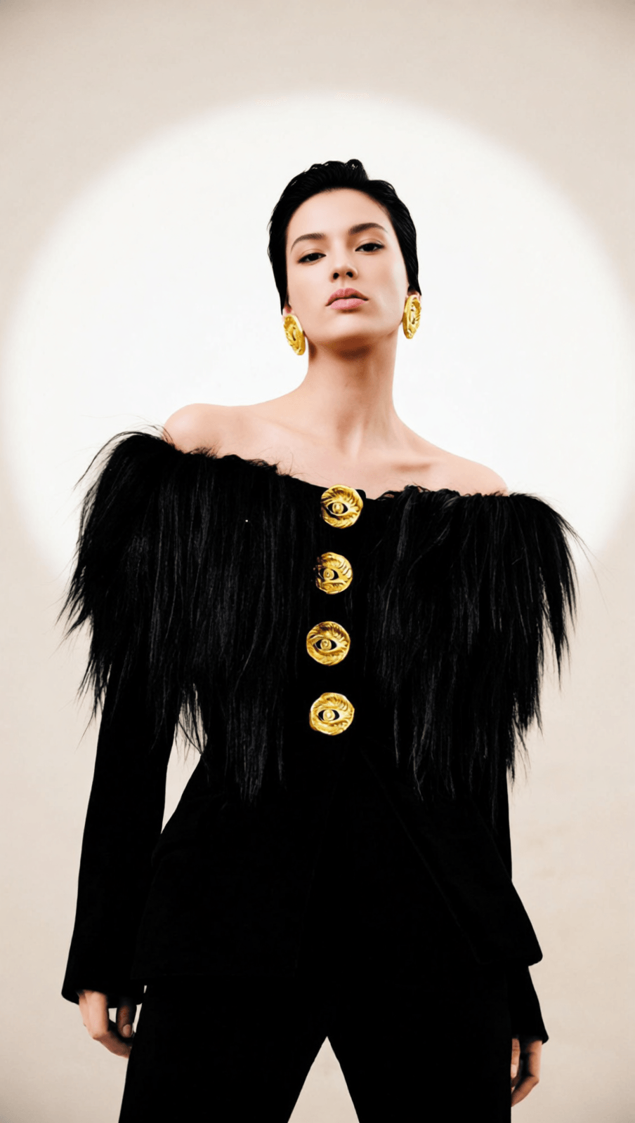 HYUNH BLACK OFF-SHOULDER FAUX FUR BLAZER | GOLDEN EYE BUTTONS