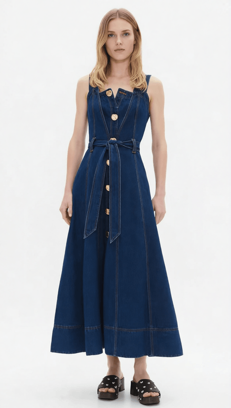 EFFORTLESS CHIC: WOMEN'S BUTTON-FRONT BELTED DENIM MIDI DRESS