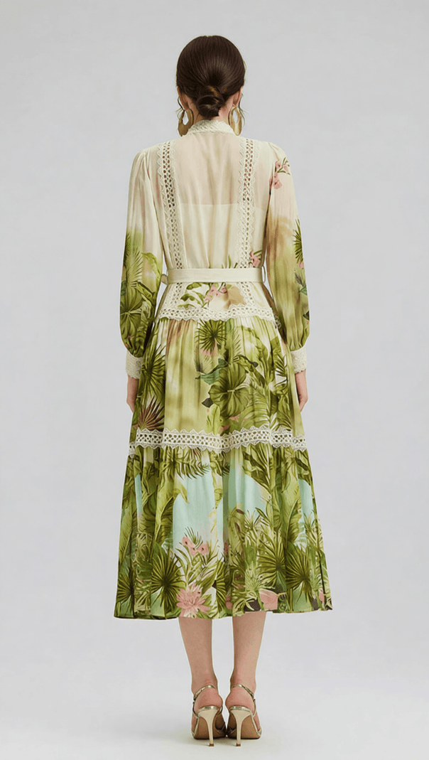 AIIZIE ELEGANT TROPICAL HIBISCUS PRINT TIERED MIDI DRESS WITH LACE & TIE-WAIST - product image