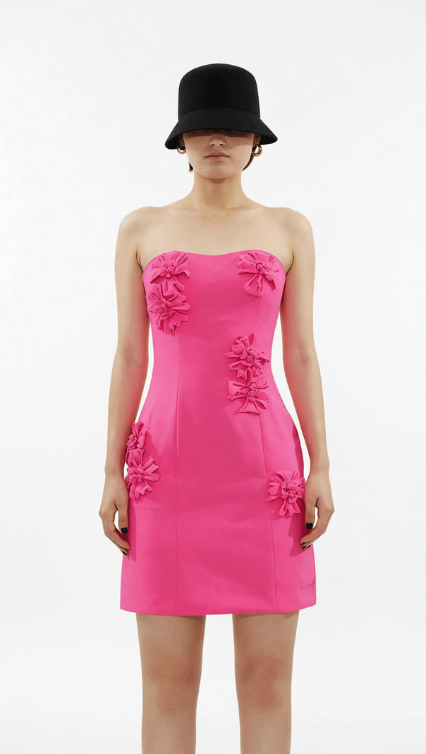 HOLLEEN PINK 3D FLORAL STRAPLESS MINI DRESS - SWEETHEART NECKLINE PARTY DRESS FOR WOMEN