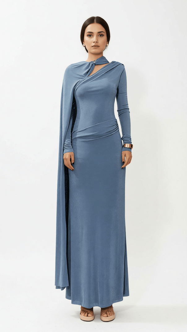 AIIZIE HOLA STRAP ELEGANT DRAPED LONG SLEEVE MAXI DRESS - SOPHISTICATED EVENING GOWN - product image