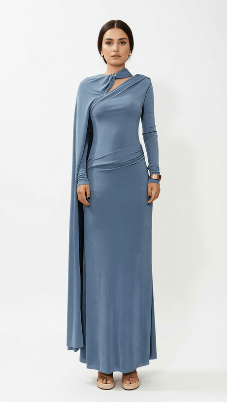 HOLA STRAP ELEGANT DRAPED LONG SLEEVE MAXI DRESS - SOPHISTICATED EVENING GOWN