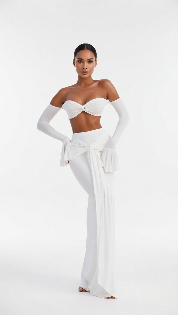 AIIZIE HESSA WHITE RESORT CHIC TWO-PIECE SET | STRAPLESS TOP, TIE-WAIST PANTS & STATEMENT SLEEVES - product image