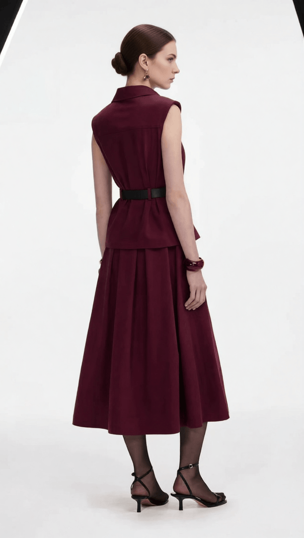 AIIZIE Iliana Elegant Burgundy Sleeveless Belted Skirt Set - Chic 2-Piece Outfit for Women - product image