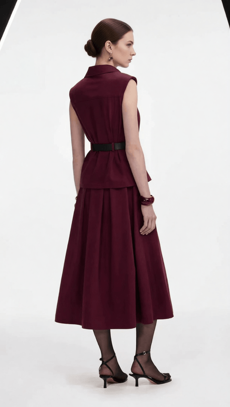 Iliana Elegant Burgundy Sleeveless Belted Skirt Set - Chic 2-Piece Outfit for Women