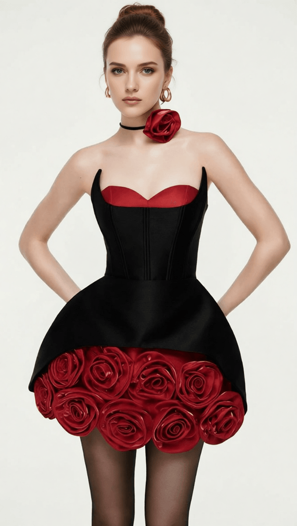 AIIZIE ILDIKO BLACK STRAPLESS CORSET MINI DRESS WITH RED ROSES | FIERCE & ELEGANT - product image