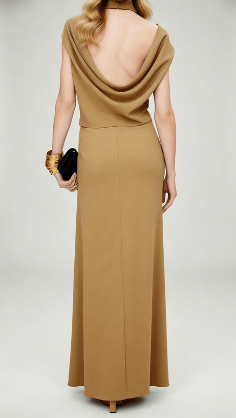 Isabel Luxe Draped Halter Two-Piece Set - Backless Crop Top & Maxi Skirt