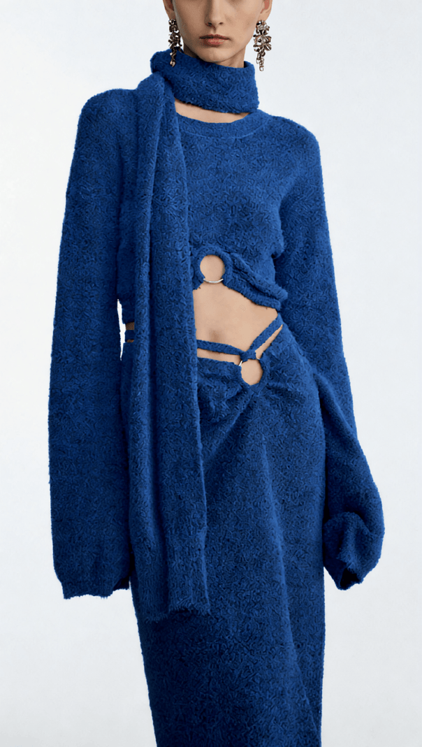 AIIZIE HOSHIKO CHIC BLUE KNIT 3-PIECE SET: CROP TOP, SLIT MIDI SKIRT & SCARF - product image