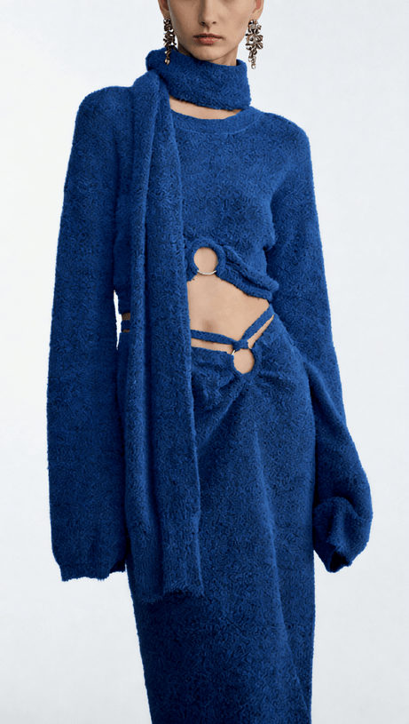 HOSHIKO CHIC BLUE KNIT 3-PIECE SET: CROP TOP, SLIT MIDI SKIRT & SCARF