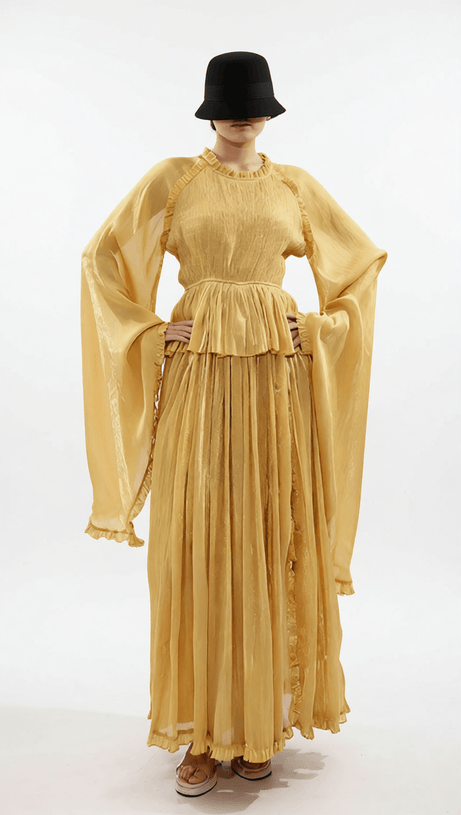 HOLLE GOLDEN PLEATED MAXI DRESS FOR WOMEN - ELEGANT LONG SLEEVE OCCASION GOWN
