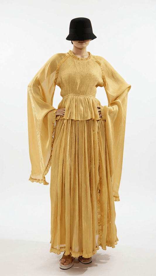 AIIZIE HOLLE GOLDEN PLEATED MAXI DRESS FOR WOMEN - ELEGANT LONG SLEEVE OCCASION GOWN - product image