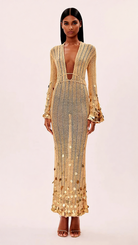 HONZA DAZZLING GOLD SEQUIN KNIT MAXI DRESS - EFFORTLESS GLAMOUR
