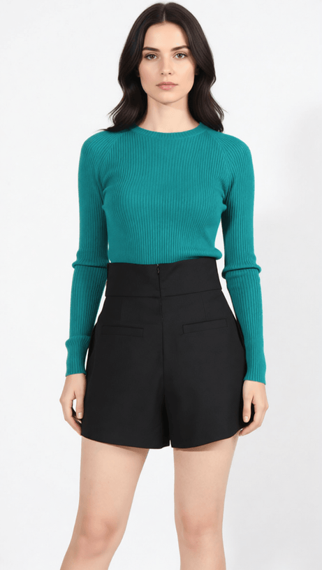 ILANA CHIC EMERALD RIBBED KNIT LONG SLEEVE TOP WITH KNOT CUTOUT DETAIL