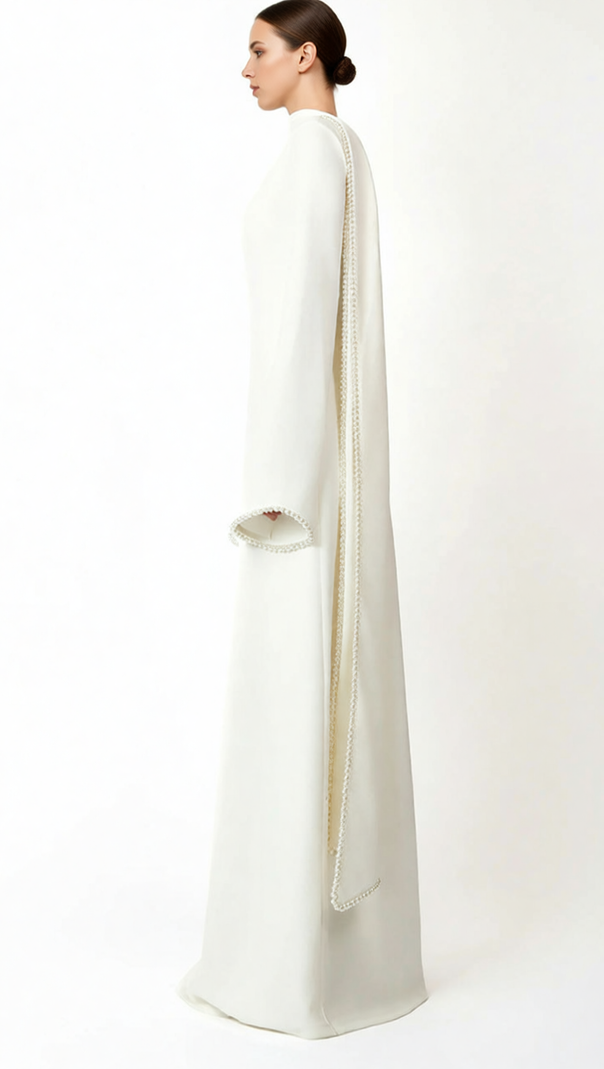 AIIZIE HIDI SHAWL PEARL-TRIMMED MAXI DRESS | ELEGANT LONG SLEEVE WHITE GOWN - product image
