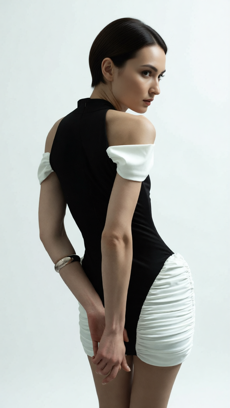 HESPERIA HALTER RUCHED MINI DRESS - TWO-TONE BODYCON GLAMOUR