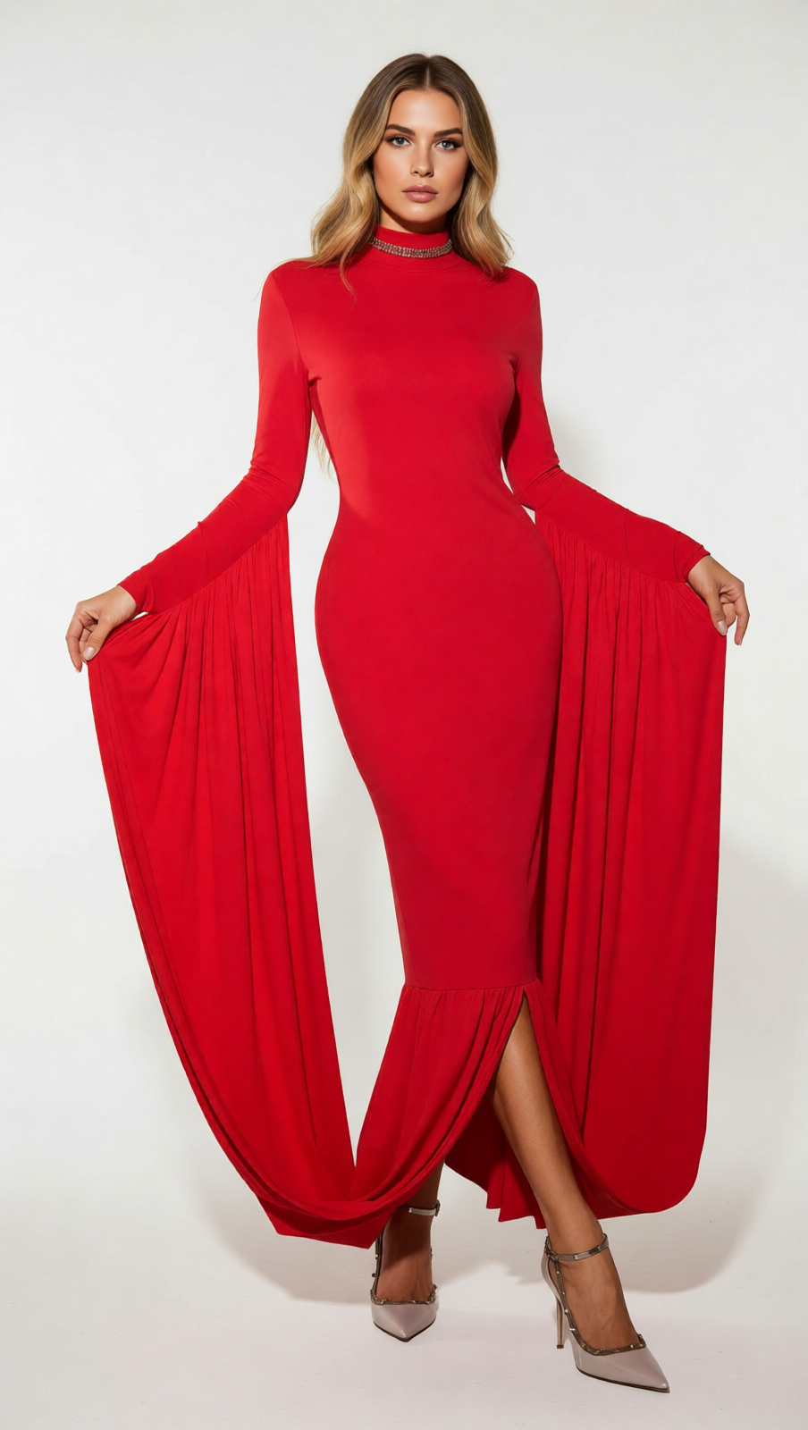 QAELTRIC HIGH NECK DRAPED MAXI DRESS | ELEGANT LONG SLEEVE EVENING GOWN