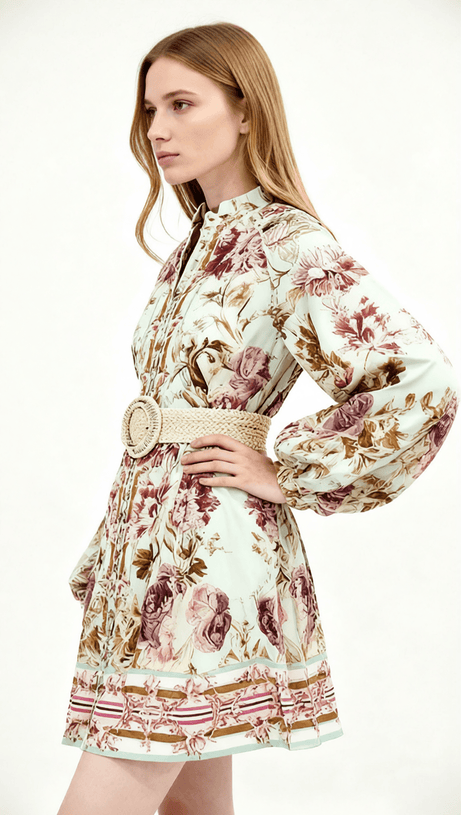 HILKIAH BOHO CHIC FLORAL PRINT LONG SLEEVE MINI DRESS WITH WOVEN BELT