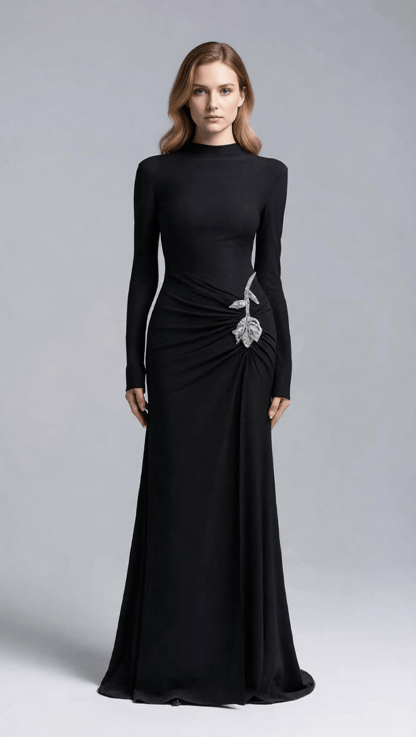 AIIZIE Elegant Merlot Ruched Long Sleeve Maxi Dress with Crystal Flower Embellishment - product image