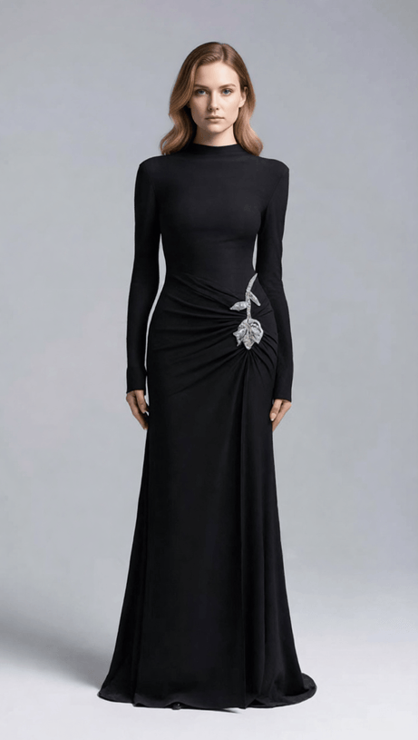 Elegant Merlot Ruched Long Sleeve Maxi Dress with Crystal Flower Embellishment