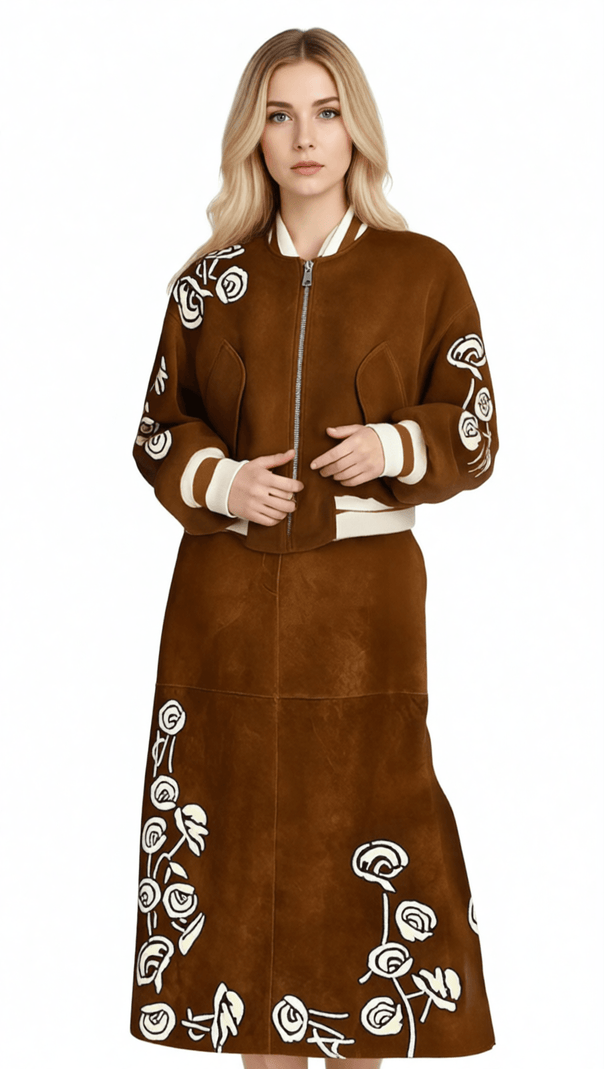 AIIZIE HUDA CHIC BROWN EMBROIDERED FAUX SUEDE BOMBER JACKET & MIDI SKIRT SET - product image