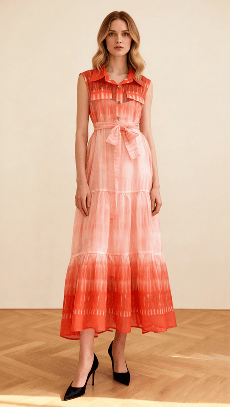 Isi Ombre Tie-Dye Sleeveless Midi Dress - Flowy Tiered Shirtdress