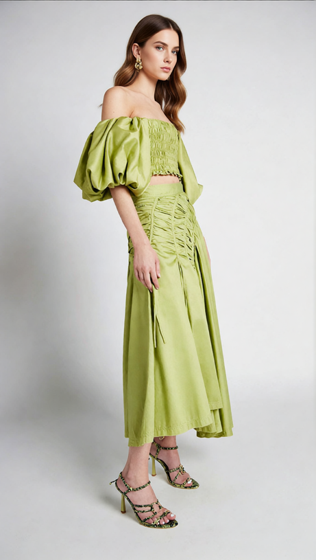 Vibrant Lime Green Puff Sleeve Crop Top & Ruched Maxi Skirt Set | Ivo Two-Piece