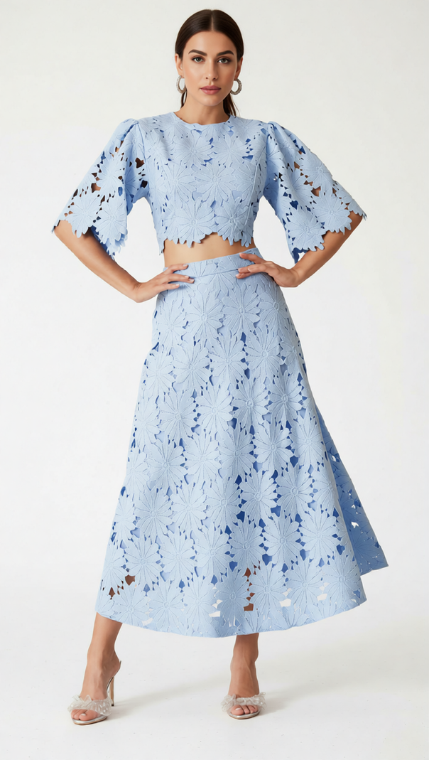 AIIZIE ZAELYTH ELEGANT FLORAL CUT-OUT LACE SKIRT SET - SKY BLUE CROP TOP & MIDI - product image
