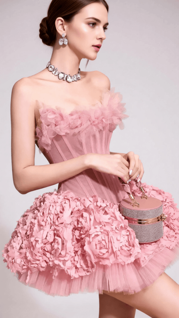 AIIZIE Irma Strapless Corset Floral Mini Dress - Pink Party & Date Night Gown - product image