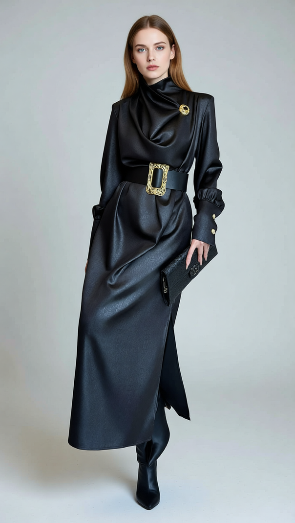 AIIZIE Imad Black Elegant Long Sleeve Belted Maxi Dress - Statement Gold Buckle - product image